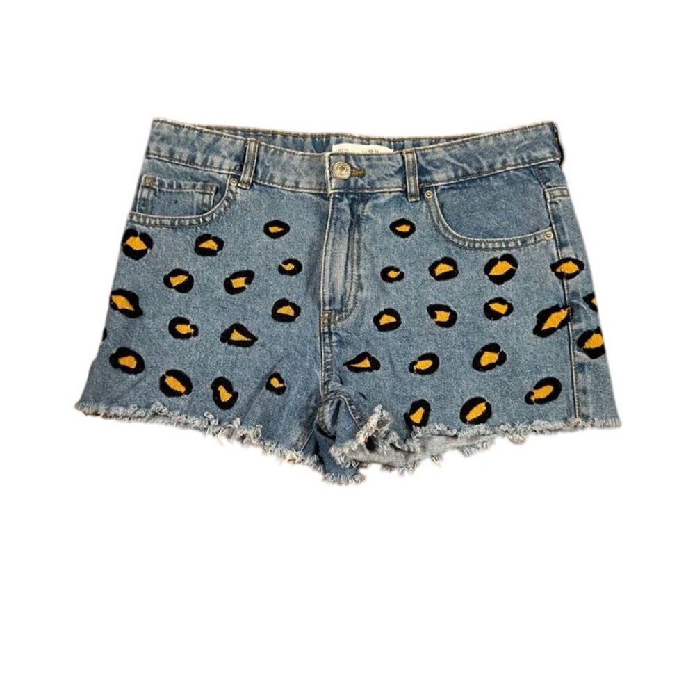 Zara Kids Leopard Print Denim Shorts Distressed Light Wash Summer Fashion 13-14